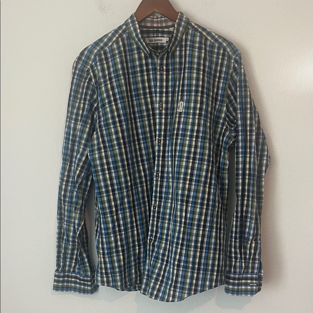 BEN SHERMAN Blue & Green Plaid Long Sleeve Button Down Shirt